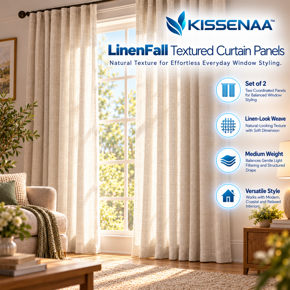 Kissenaa™ LinenFall Textured Curtain Panels — Pair