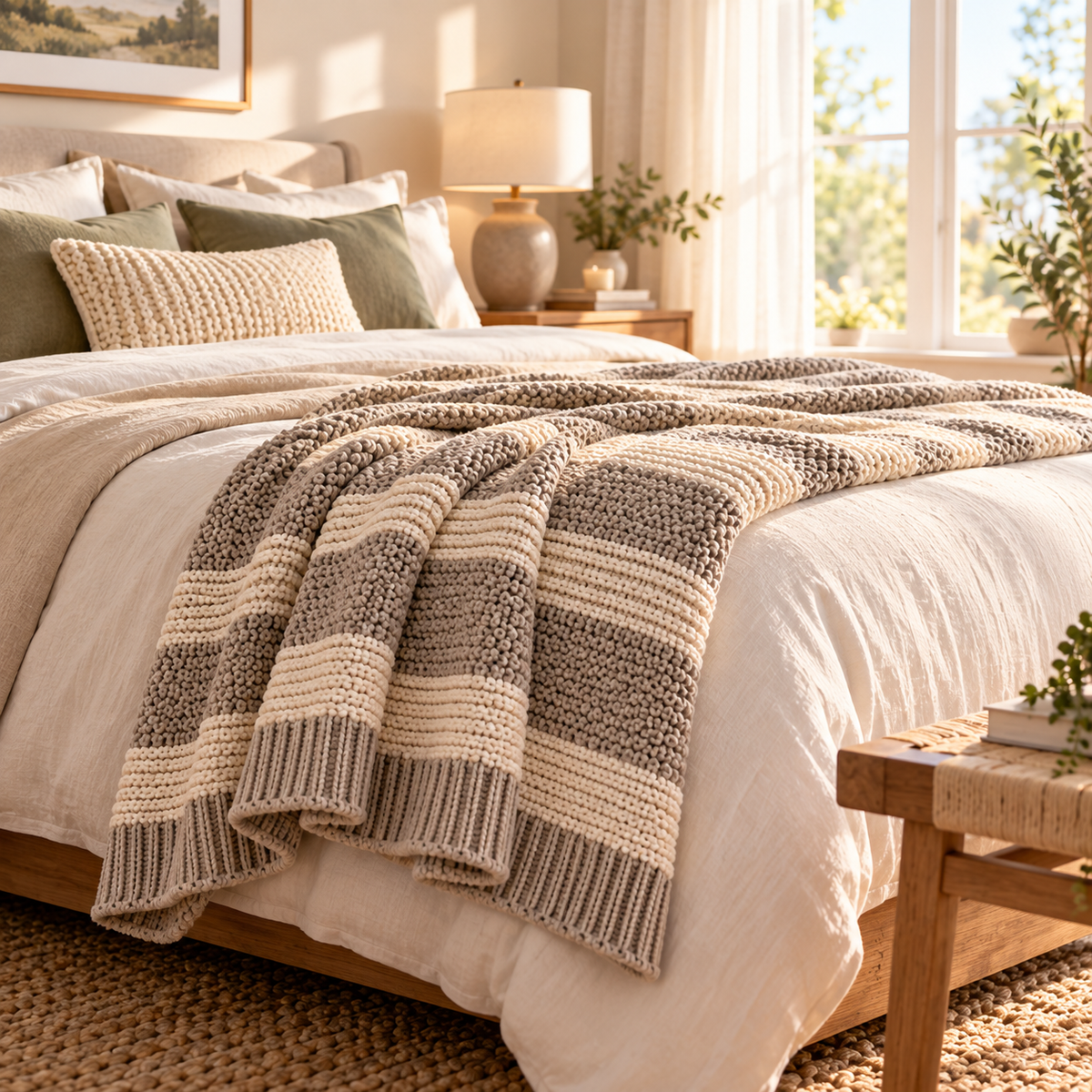 Kissenaa™ SolaceStripe Knitted Sofa Throw